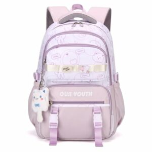 Mochila escolar morada y rosa con estampado kawaii y colgante de gatito.