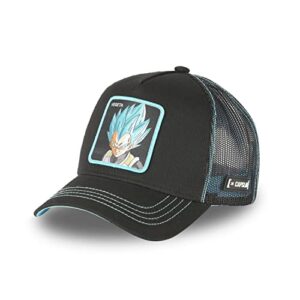 Gorra negra de camionero con imagen de Vegeta de Dragon Ball Z y detalles turquesa.