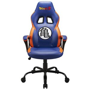 Silla de videojuegos azul y naranja con diseño de Dragon Ball Z.