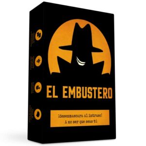 Caja del juego de mesa "El Embustero" de Oh Happy Games con un diseño oscuro y una figura misteriosa en la portada.