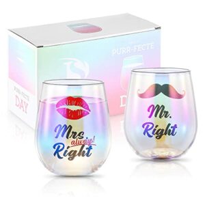 Copas de vino SHENDONG con textos "Mr Right" y "Mrs Always Right", ideales para parejas.