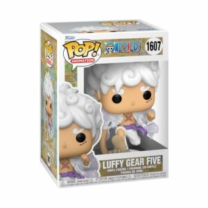 Figura Funko Pop! de Monkey D. Luffy en su forma Gear Five de One Piece dentro de su caja.