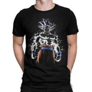 Camiseta negra con diseño de personaje de anime en estilo Ultra Instinct Splatter.