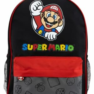 Mochila negra de Super Mario con bolsillo rojo y diseño de personajes.