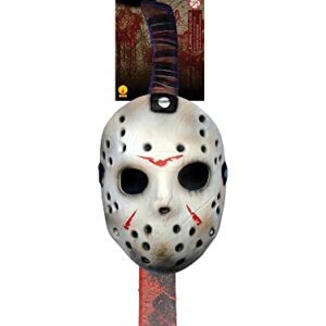 Máscara blanca de hockey y machete sangriento de Jason Voorhees para Halloween.