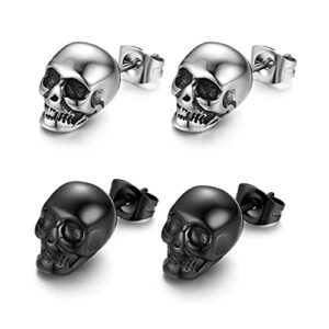 Pendientes de calavera de acero inoxidable en plata y negro, estilo punk.