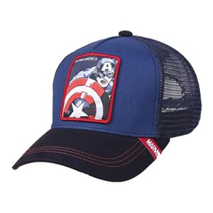 Gorra trucker de Capitán América con diseño multicolor y malla trasera, unisex.