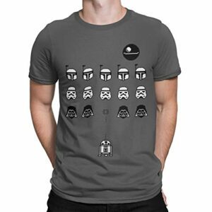 Camiseta gris con personajes de Star Wars en diseño tipo videojuego retro.