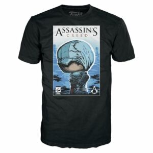 Camiseta negra Assassin's Creed de Funko con diseño de personaje chibi encapuchado en el frente.