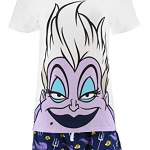 Pijama de mujer con diseño de Úrsula de La Sirenita: camiseta blanca y pantalón corto morado con estampados.