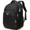 Mochila negra Della Gao con múltiples compartimentos y puerto USB, ideal para viajes y negocios.