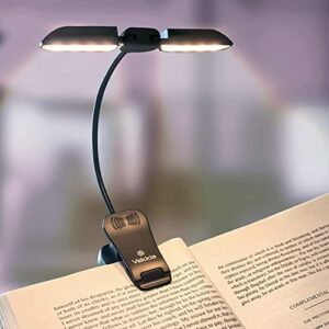 Lámpara de lectura Vekkia con clip y luces LED ajustables sobre un libro abierto.