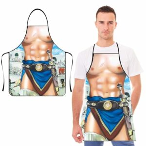 Delantal de cocina con diseño de gladiador mostrando un torso musculoso.