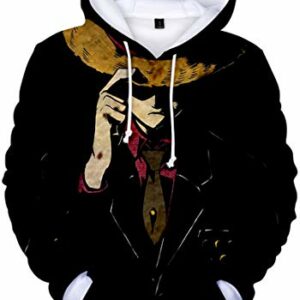 Sudadera negra con capucha, impresa con un personaje de anime de pirata ajustándose el sombrero.