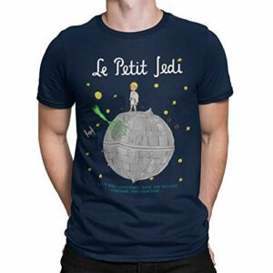 Camiseta azul con diseño de El Principito como Jedi sobre una Estrella de la Muerte.