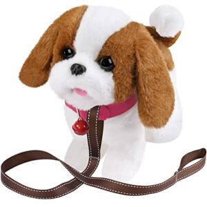 Peluche de perro marrón y blanco con collar y correa, de la marca OSDUE.