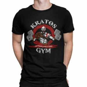 Hombre con camiseta negra de Kratos levantando pesas, marca "Camisetas La Colmena".