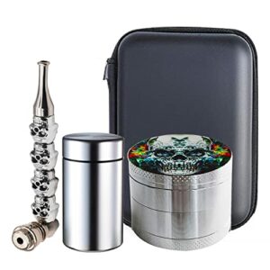 Kit Grinder Especias 3 en 1, metálico con diseño de calaveras y estuche negro, marca Spespo.