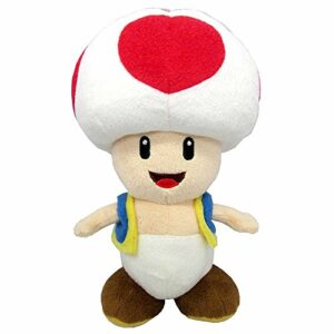 Peluche oficial de Nintendo de 24 cm, Toad del juego Super Mario, con chaleco azul y gorro rojo con manchas blancas.