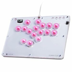 Controlador arcade HARIKIKI con botones rosados y diseño elegante.