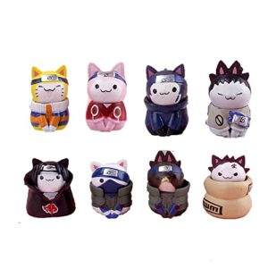 Ocho figuras de gatos con disfraces de personajes de Naruto para decorar pasteles.