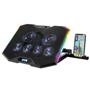 Refrigerador para portátil gamer con luces RGB, 6 ventiladores y soporte para smartphone.