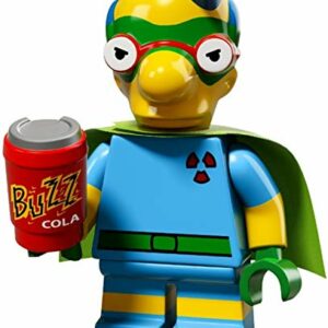 Figura de Minifigura LEGO de Milhouse como Fallout Boy con capa verde y lata de Buzz Cola.