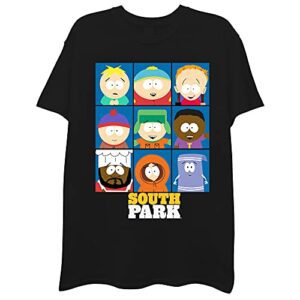 Camiseta negra con personajes de South Park en recuadros y logo amarillo al frente.