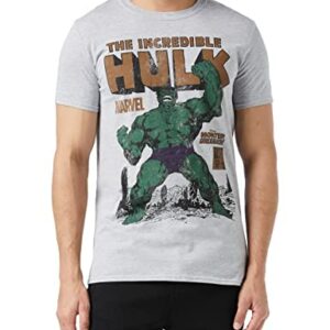 Hombre vistiendo una camiseta gris de Marvel con el personaje Hulk.