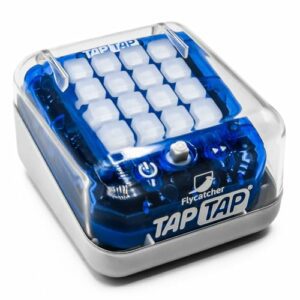 Juguete electrónico TAP TAP de BANDAI, cuadrado, color azul transparente con botones blancos.