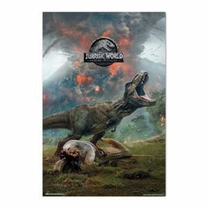 Póster de Jurassic World con un dinosaurio rugiendo y personas en una esfera protectora.