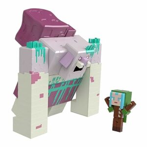 Figura de acción de Minecraft Legends con un Devorador grande y una figura pequeña con capucha verde.