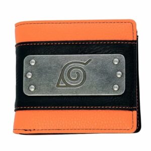 Cartera negra y naranja con logotipo metálico de Naruto Shippuden en el frente.