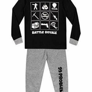 Pijama de niños de manga larga con diseño de Battle Royale en blanco y negro, pantalón gris.