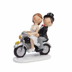 Figura de novios sonrientes en una motocicleta, ideal para decorar tortas.