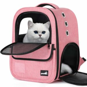 Mochila rosa para mascotas pequeñas con ventilación, ideal para gatos y perros.