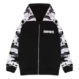 Sudadera con capucha de Fortnite para niños, negra con mangas de camuflaje gris.