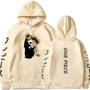 Sudadera beige con capucha, diseño de personaje de anime al frente y "ONE PIECE" en la espalda y mangas.