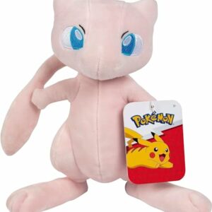 Peluche de Mew rosado y suave de 20 cm con ojos azules y etiqueta de Pikachu.