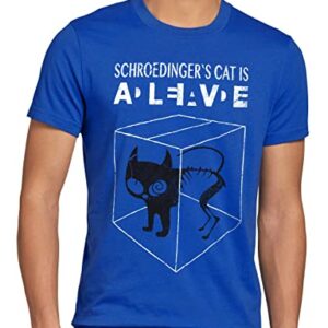 Camiseta azul con un diseño del experimento del gato de Schrödinger y la frase "Schrodinger's cat is alive".