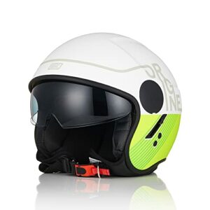 Casco jet de moto blanco y verde con visera y diseño moderno de la marca ORIGINE.