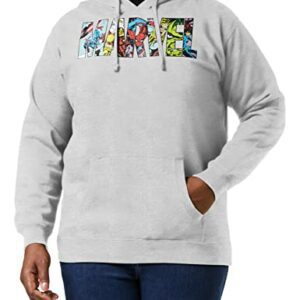 Sudadera gris con capucha y logo de Marvel con personajes.