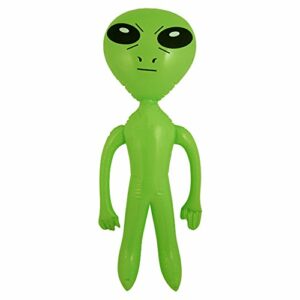 Alienígena inflable verde de 64 cm de altura, con ojos grandes y gesto serio.