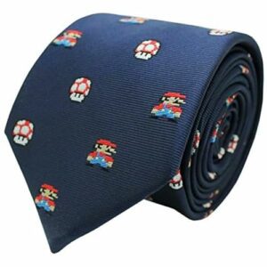 Corbata azul marino con estampado de Mario Bros y setas de Toad en píxeles.