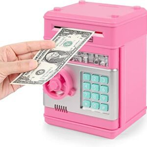 Hucha electrónica rosa con teclado numérico y ranura para billetes.