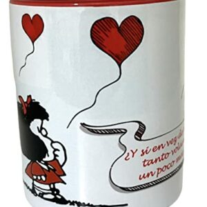 Taza de cerámica de Mafalda con globos rojos y texto.