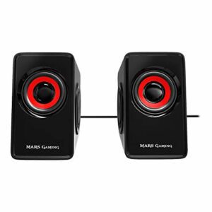 Altavoces Mars Gaming MS1 negros con detalles en rojo.