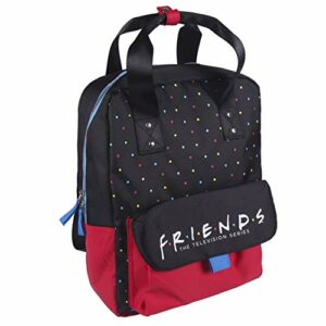 Mochila multicolor de "Friends" con diseño de puntos y logo de la serie en el bolsillo frontal.