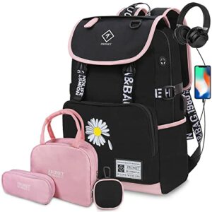 Conjunto de mochila escolar FRONET negra y rosa con estuche, lonchera y orejeras.