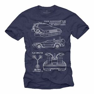 Camiseta azul con ilustraciones del DeLorean y elementos de "Regreso al Futuro".